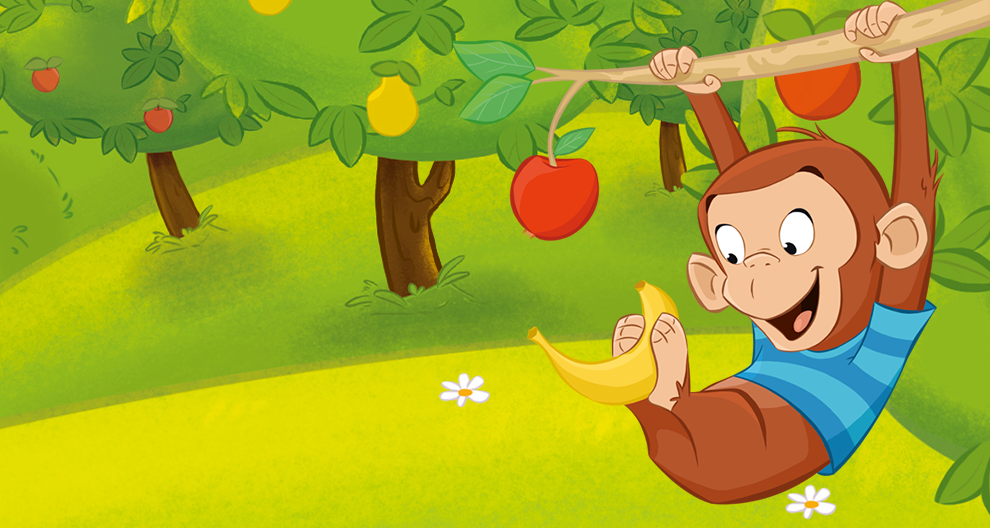 A monkey is swinging from a tree branch, holding a banana in one hand and an apple in the other.