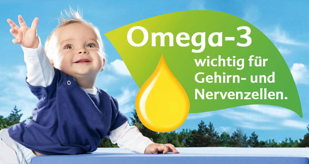 A baby reaching out with a graphic of a droplet and the German text "Omega-3 wachtig für Gehirn- und Nervenzellen."