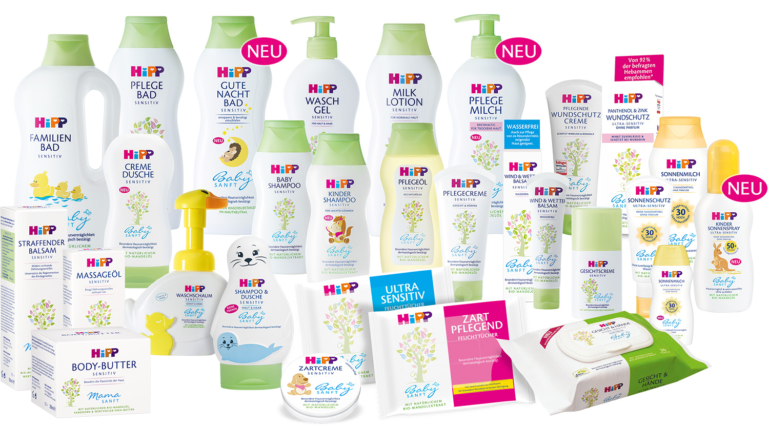 A variety of baby care products from the brand 'hipp', with labels indicating sensitivity and new products.
